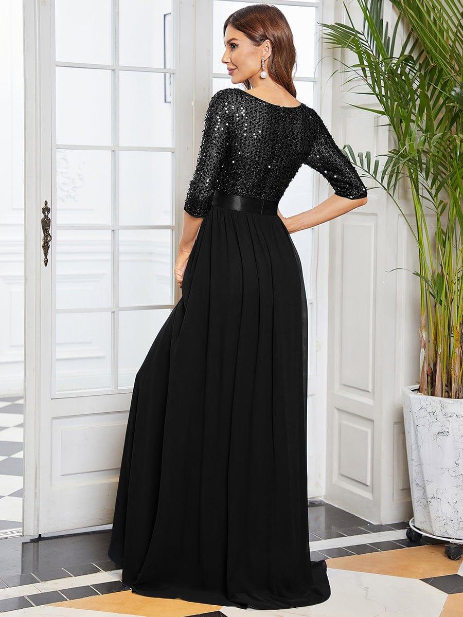 Elegant Round Neckline Long Sleeves Sequin Evening Dress #color_Black