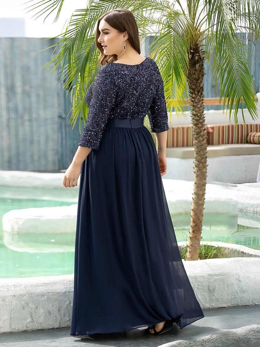 Elegant Round Neckline Long Sleeves Sequin Evening Dress #color_Navy Blue
