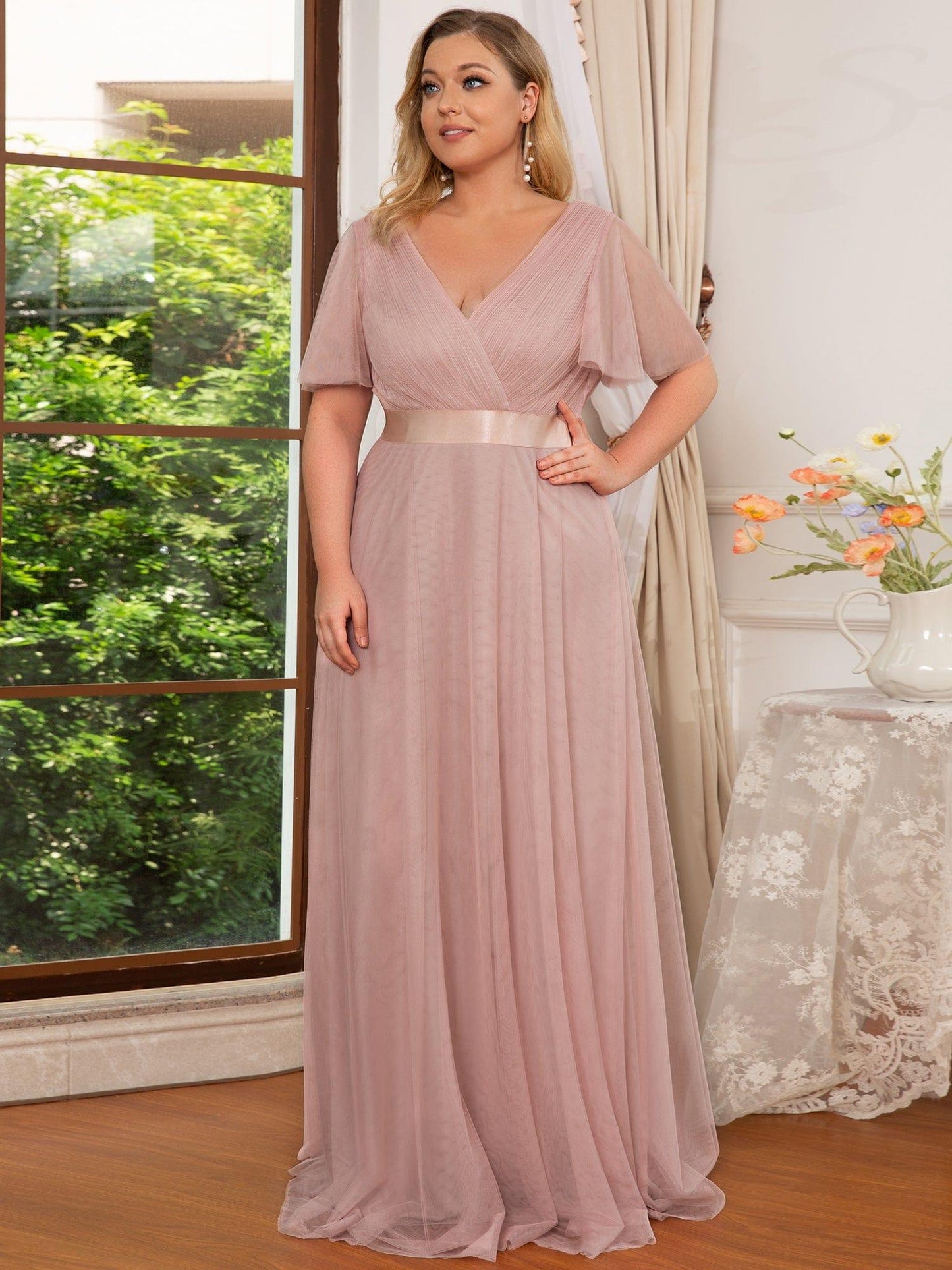 Women's Floor-Length Plus Size Formal Bridesmaid Dress with Short Sleeve #color_Pink