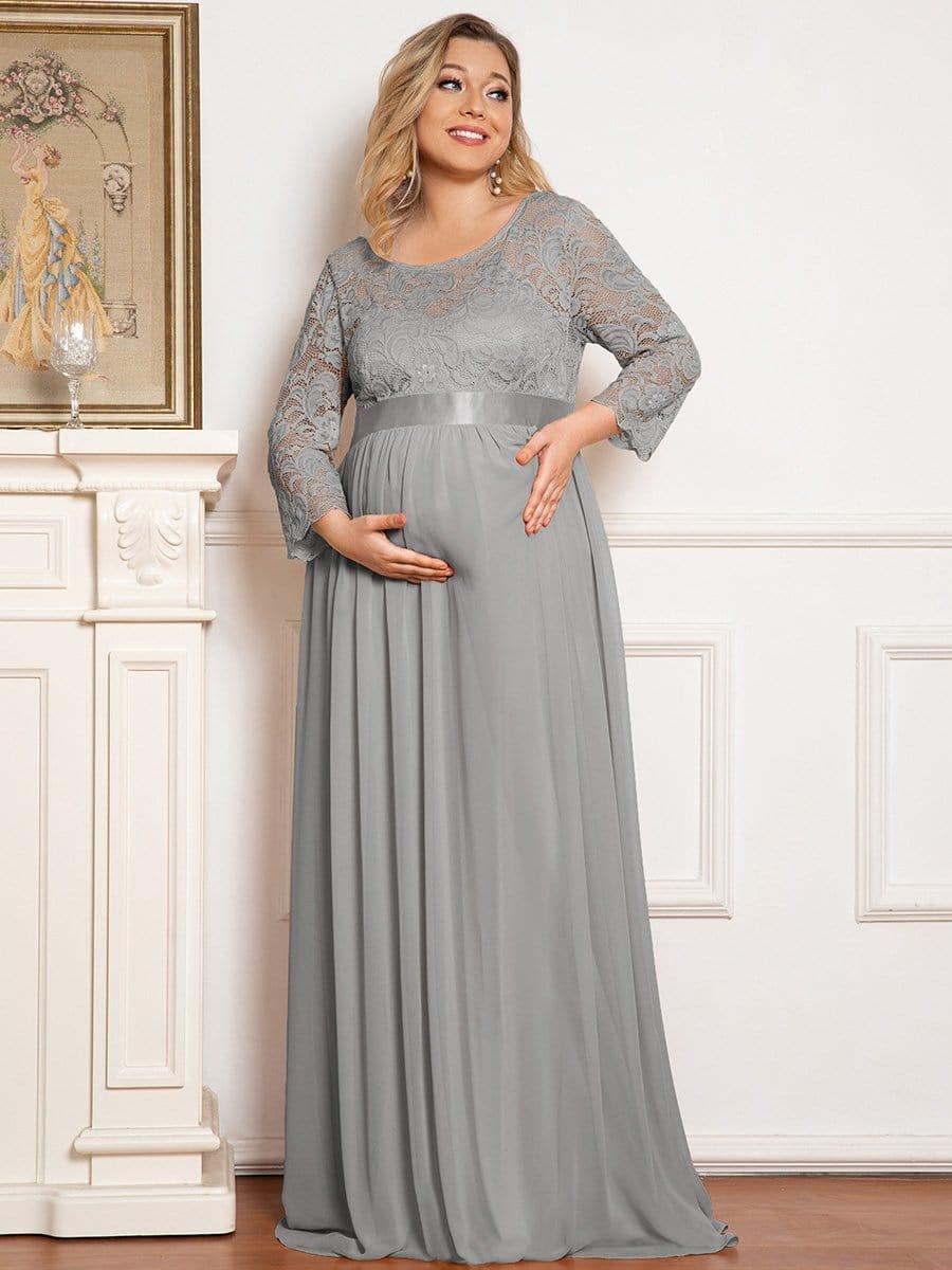 Plus Size Long Lace Sleeve Maternity Formal Dresses #color_Grey