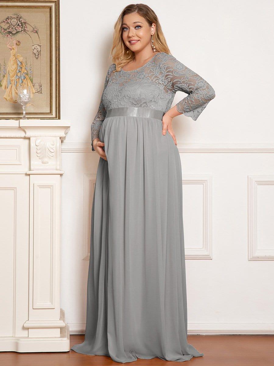 Plus Size Long Lace Sleeve Maternity Formal Dresses #color_Grey