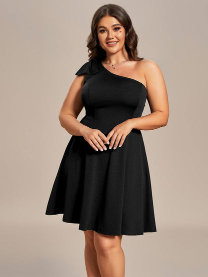 One Shoulder with Bowknot Sleeveless A-Line Summer Mini Dress #color_Black