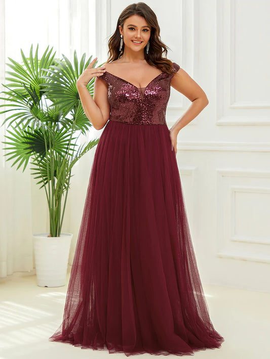 Shiny Sequin Bodice Off the Shoulder Maxi Tulle Evening Dress