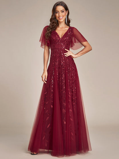 Shimmery V Neck Ruffle Sleeves Sequin Maxi Long Evening Dress Wholesale EE00736