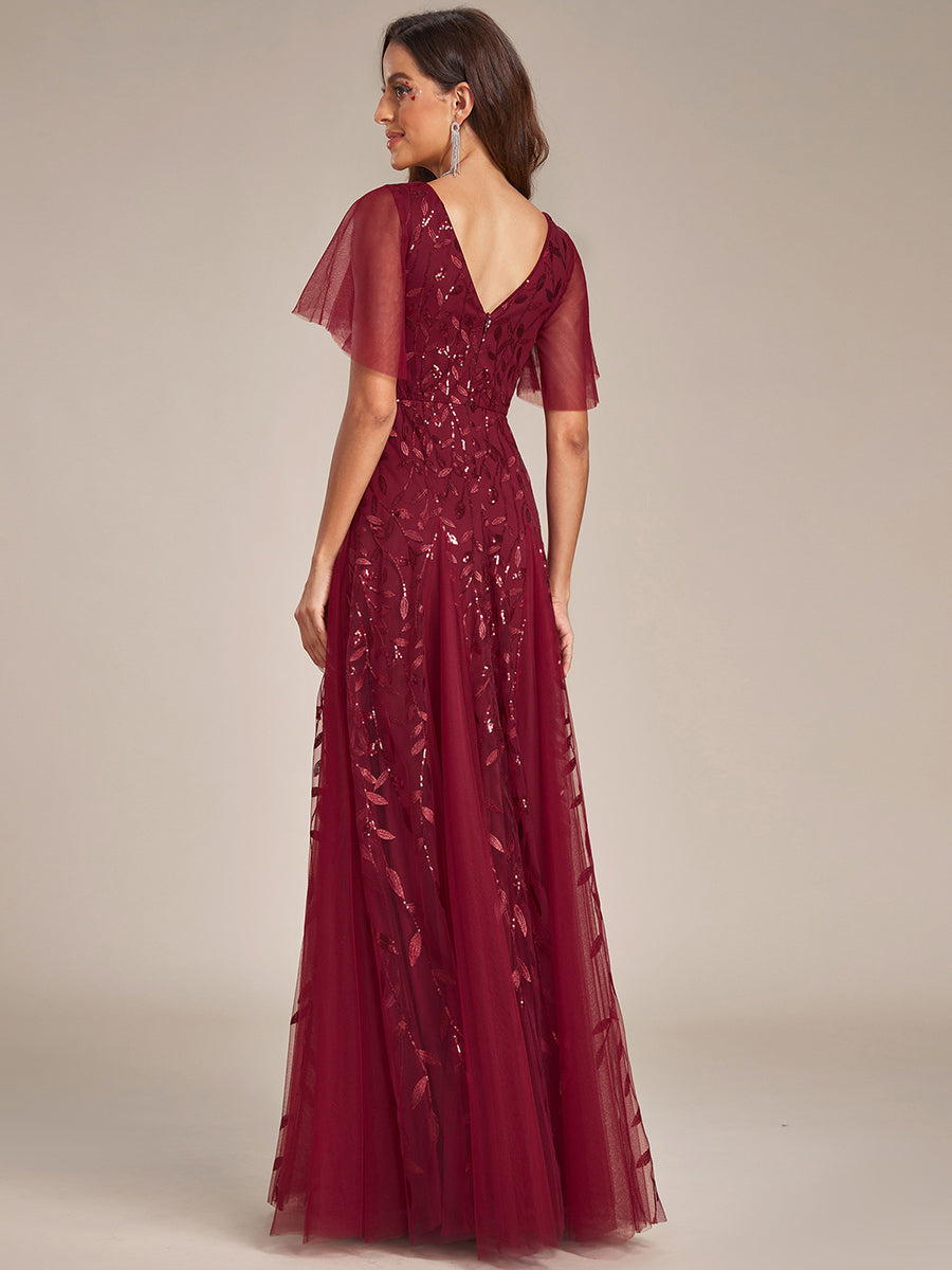 Shimmery V Neck Ruffle Sleeves Sequin Maxi Long Evening Dress Wholesale EE00736