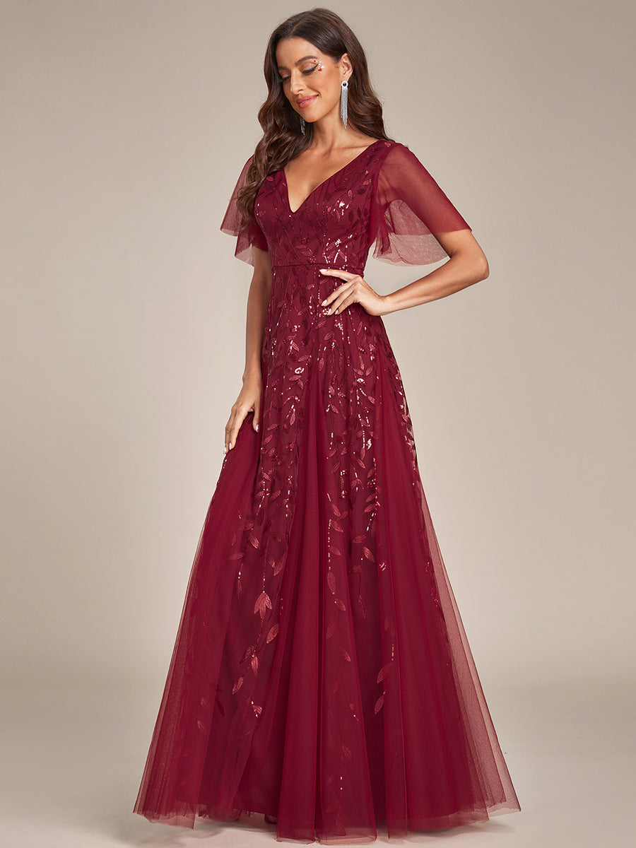 Shimmery V Neck Ruffle Sleeves Sequin Maxi Long Evening Dress Wholesale EE00736