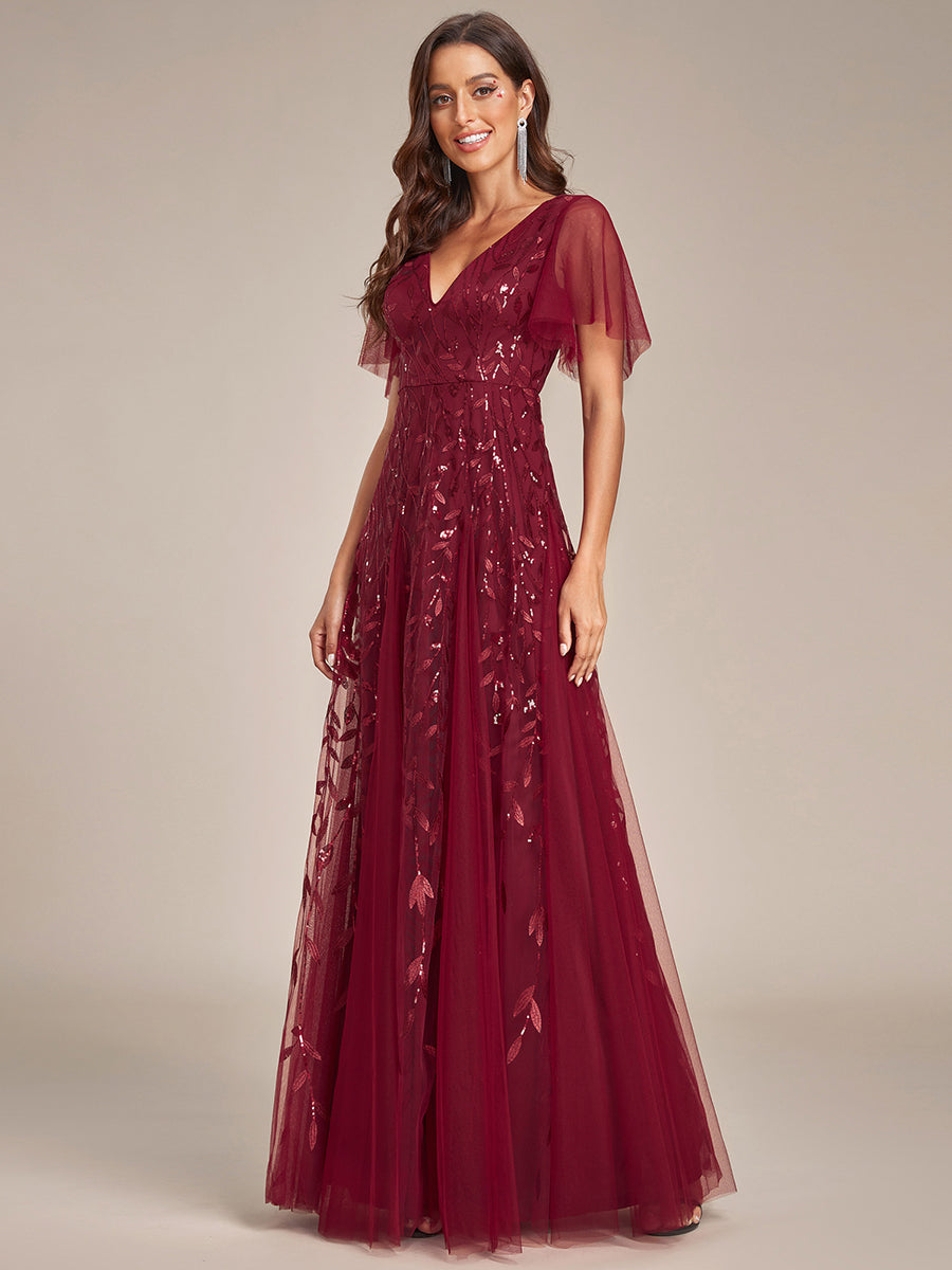 Shimmery V Neck Ruffle Sleeves Sequin Maxi Long Evening Dress Wholesale EE00736