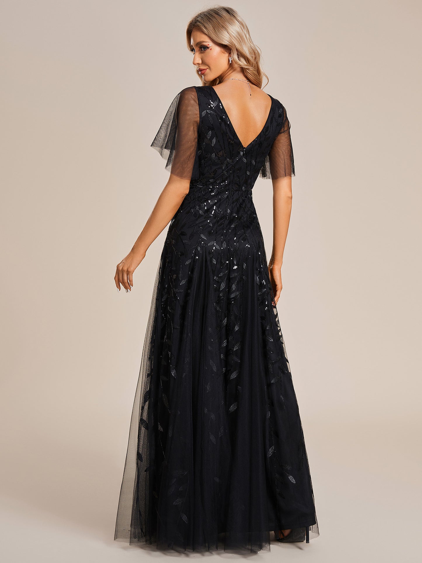 Shimmery V Neck Ruffle Sleeves Sequin Maxi Long Evening Dress Wholesale EE00736