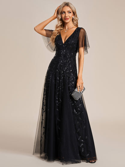 Shimmery V Neck Ruffle Sleeves Sequin Maxi Long Evening Dress Wholesale EE00736