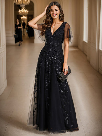 Shimmery V Neck Ruffle Sleeves Sequin Maxi Long Evening Dress Wholesale EE00736