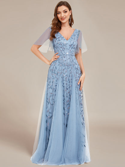 Shimmery V Neck Ruffle Sleeves Sequin Maxi Long Evening Dress Wholesale EE00736