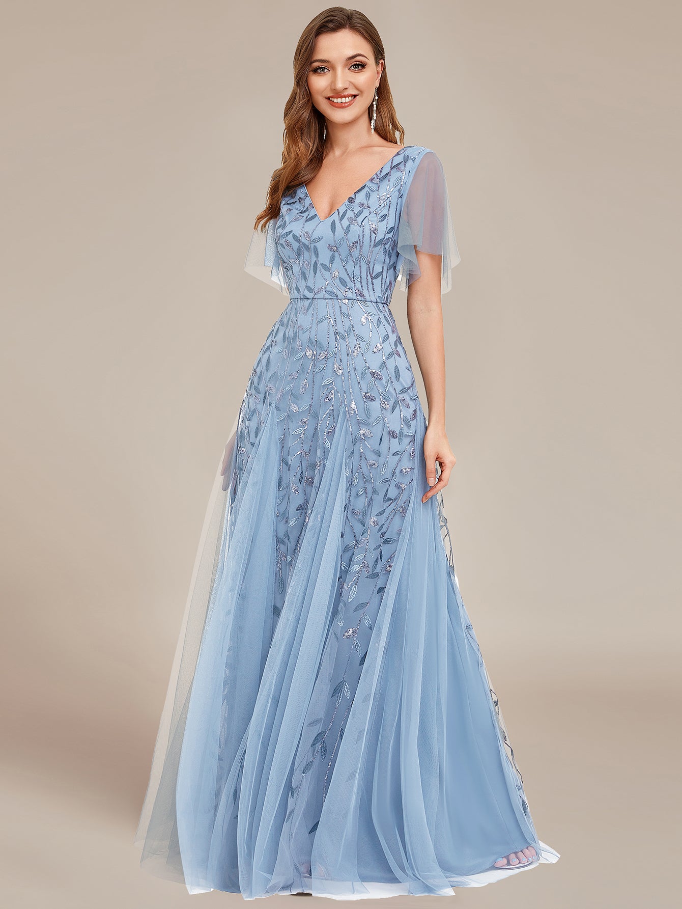 Shimmery V Neck Ruffle Sleeves Sequin Maxi Long Evening Dress Wholesale EE00736