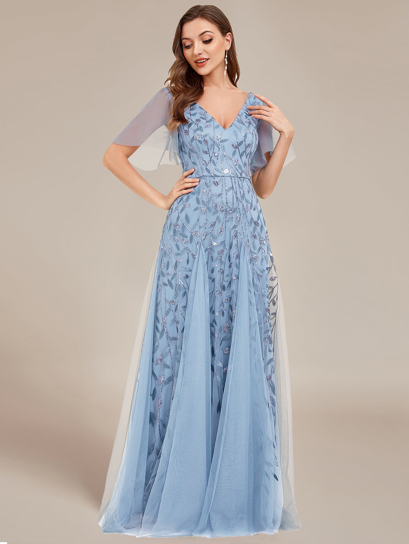 Shimmery V Neck Ruffle Sleeves Sequin Maxi Long Evening Dress Wholesale EE00736