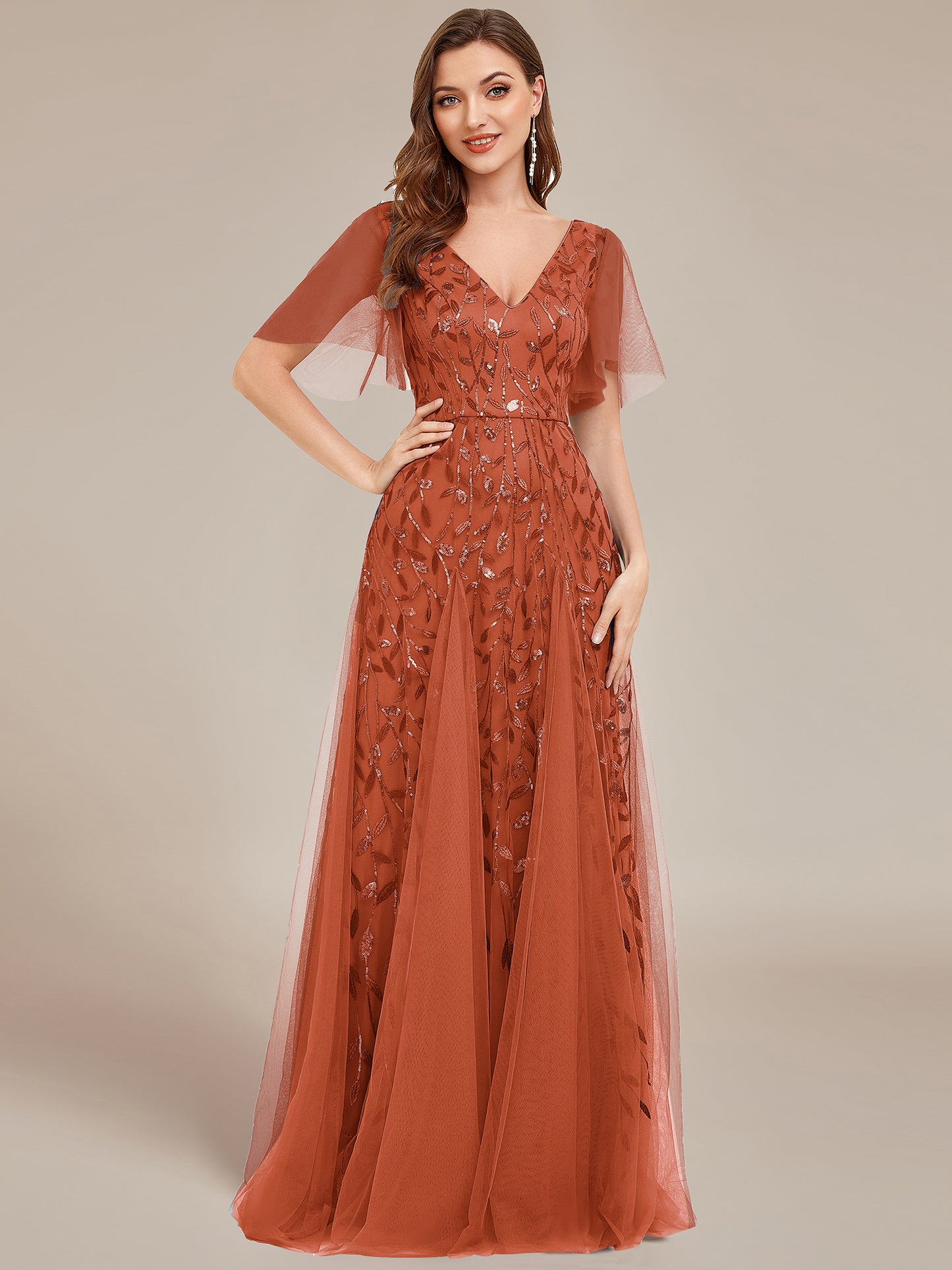 Shimmery V Neck Ruffle Sleeves Sequin Maxi Long Evening Dress Wholesale EE00736