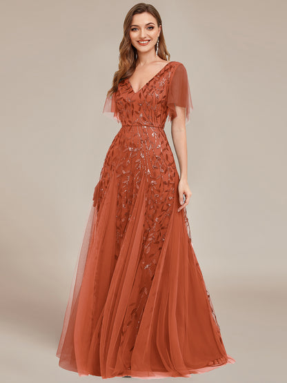 Shimmery V Neck Ruffle Sleeves Sequin Maxi Long Evening Dress Wholesale EE00736