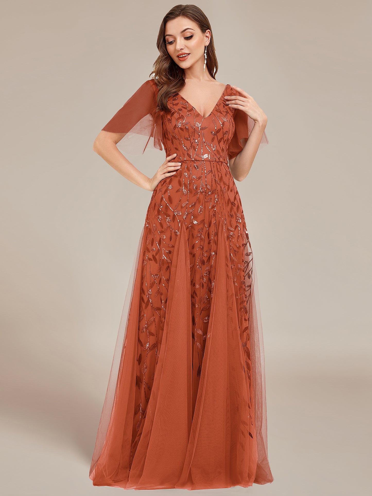 Shimmery V Neck Ruffle Sleeves Sequin Maxi Long Evening Dress Wholesale EE00736