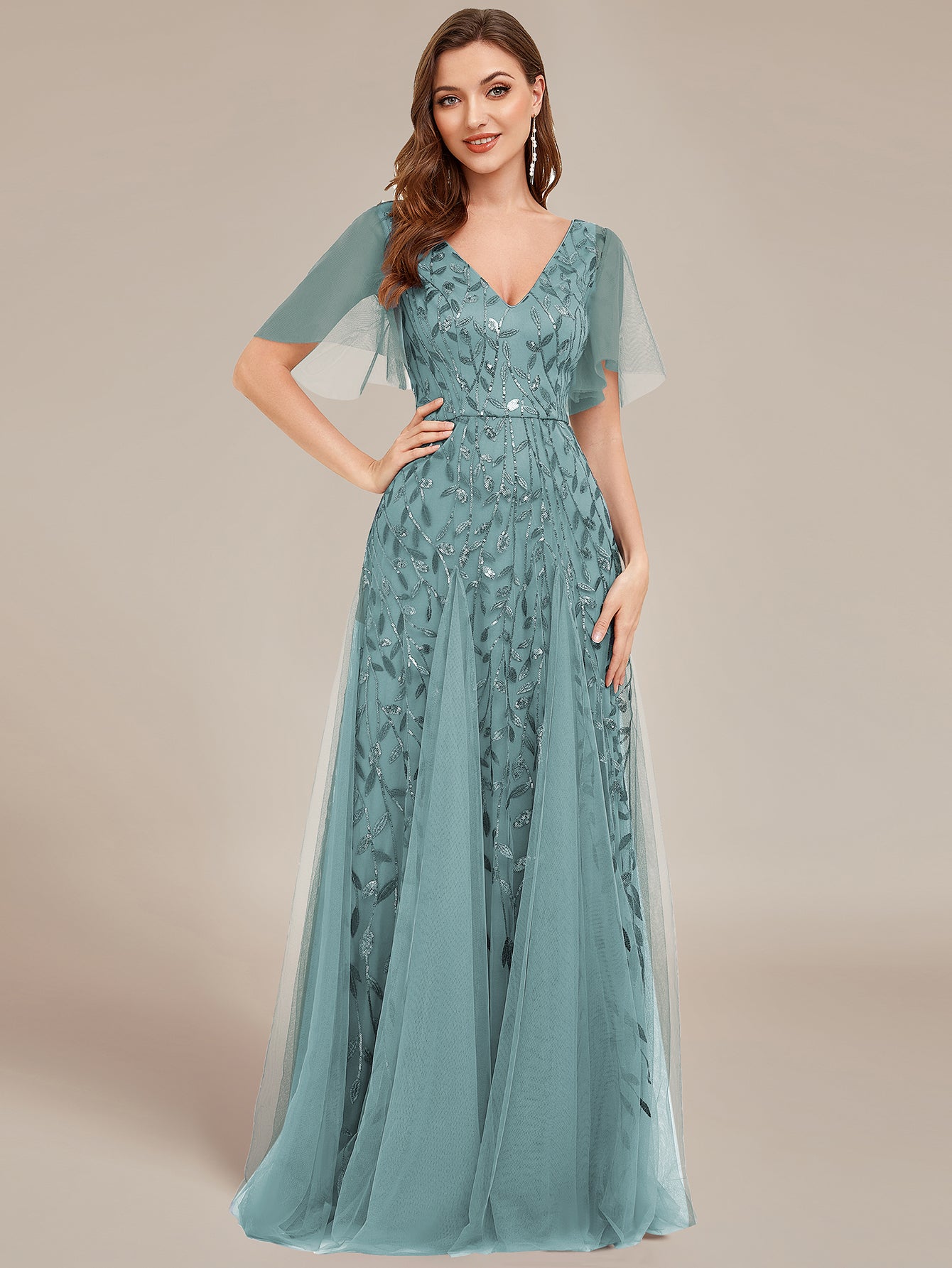 Shimmery V Neck Ruffle Sleeves Sequin Maxi Long Evening Dress Wholesale EE00736