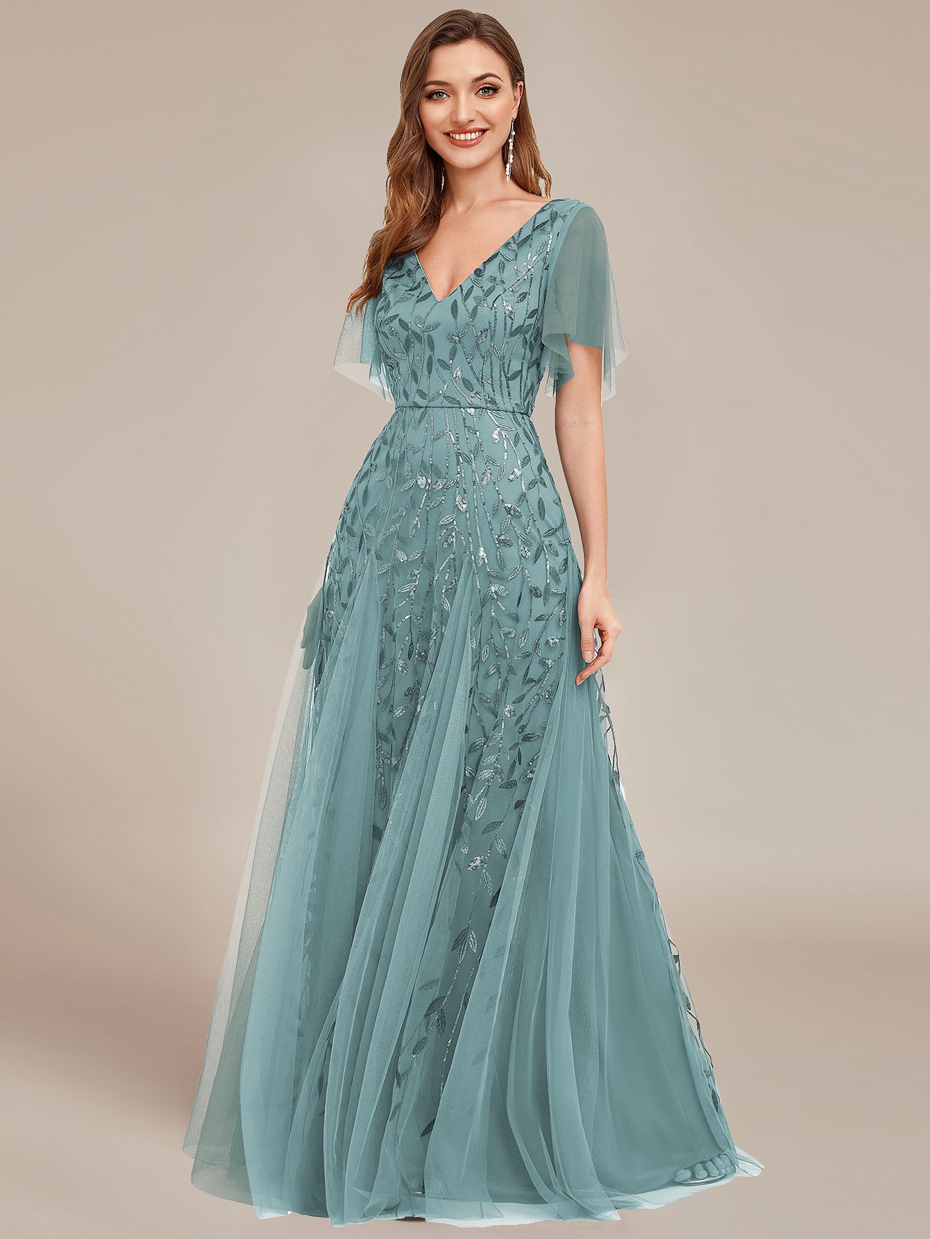 Shimmery V Neck Ruffle Sleeves Sequin Maxi Long Evening Dress Wholesale EE00736