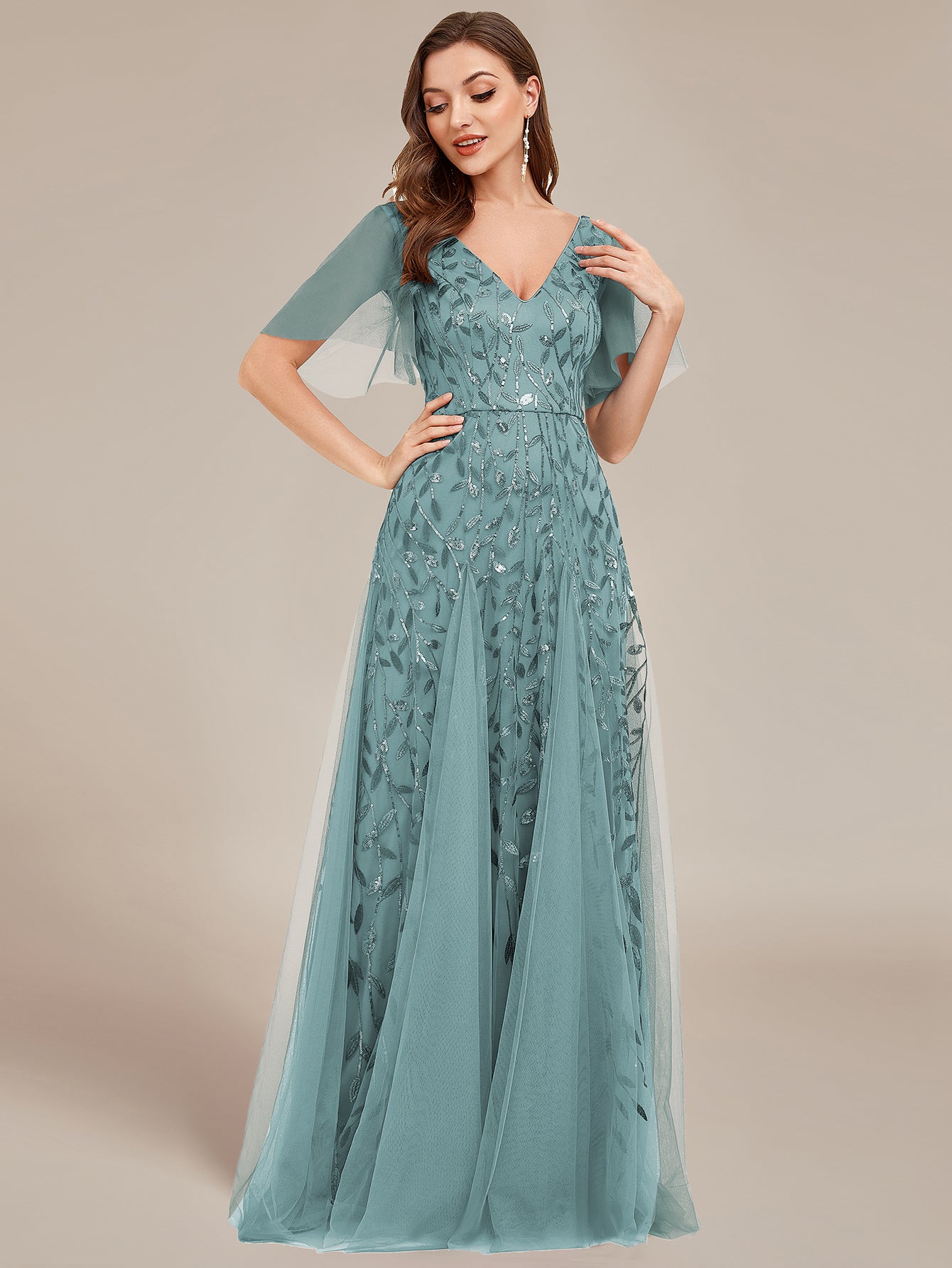 Shimmery V Neck Ruffle Sleeves Sequin Maxi Long Evening Dress Wholesale EE00736