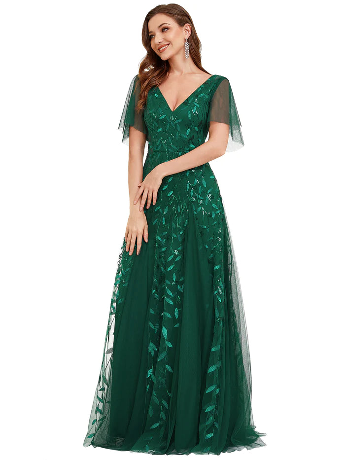 Shimmery V Neck Ruffle Sleeves Sequin Maxi Long Evening Dress Wholesale EE00736