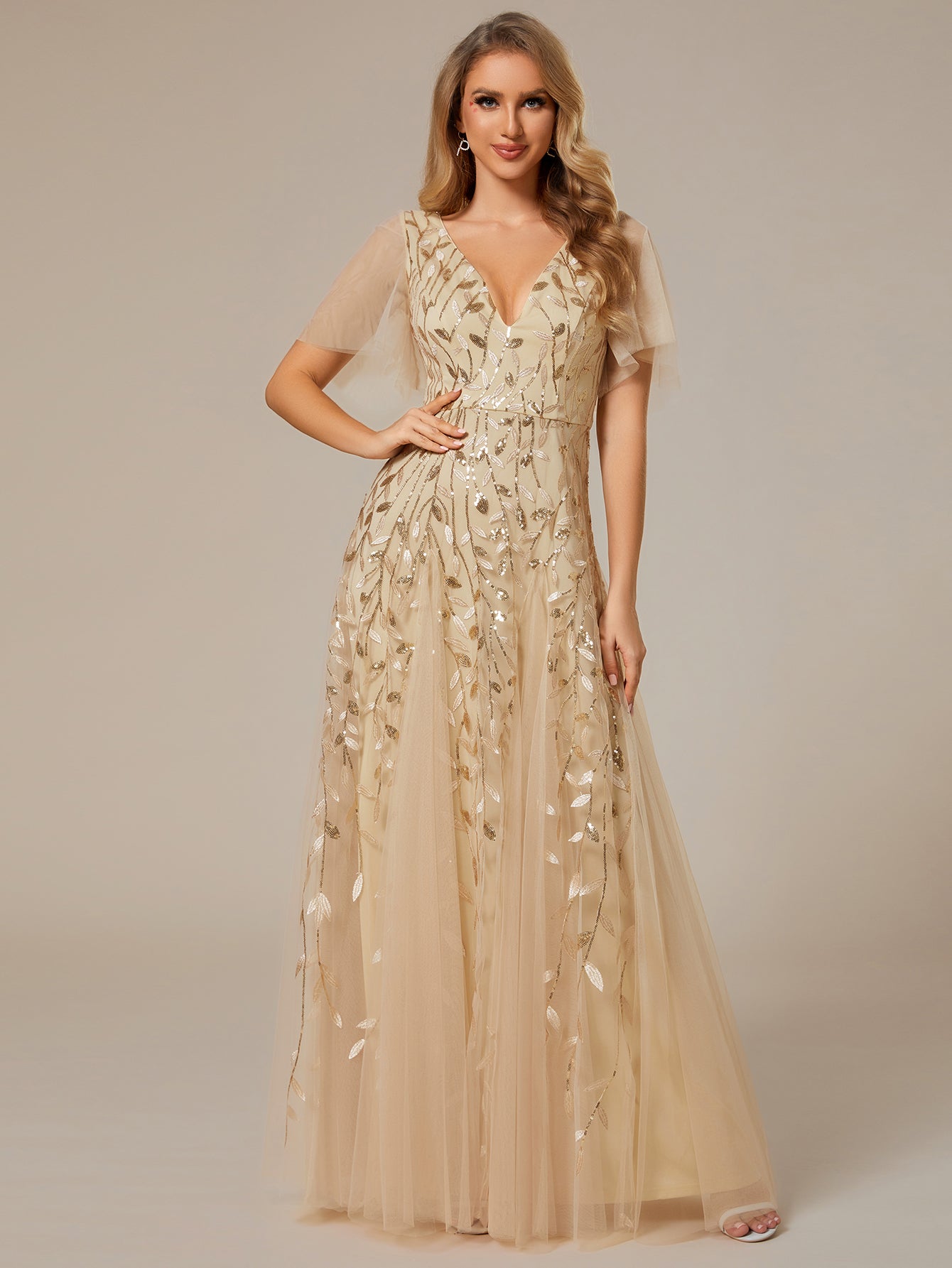 Shimmery V Neck Ruffle Sleeves Sequin Maxi Long Evening Dress Wholesale EE00736