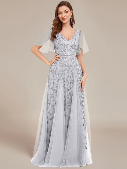 Shimmery V Neck Ruffle Sleeves Sequin Maxi Long Evening Dress Wholesale EE00736