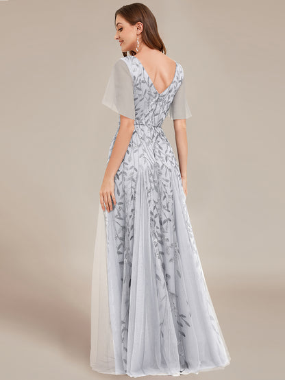 Shimmery V Neck Ruffle Sleeves Sequin Maxi Long Evening Dress Wholesale EE00736