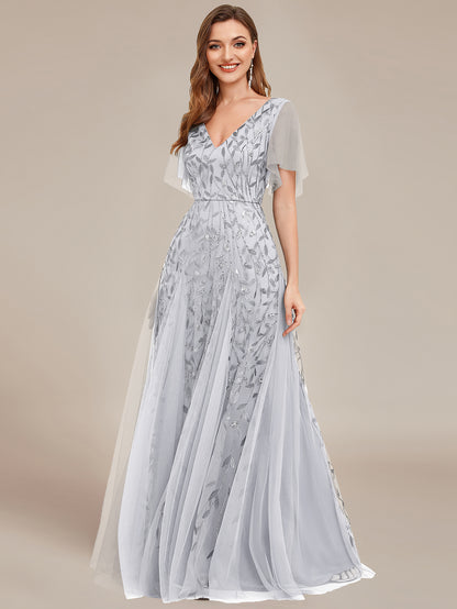 Shimmery V Neck Ruffle Sleeves Sequin Maxi Long Evening Dress Wholesale EE00736