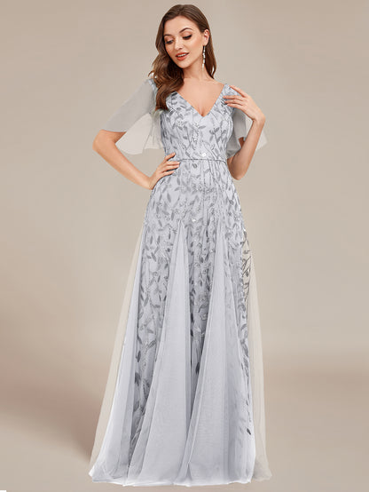 Shimmery V Neck Ruffle Sleeves Sequin Maxi Long Evening Dress Wholesale EE00736