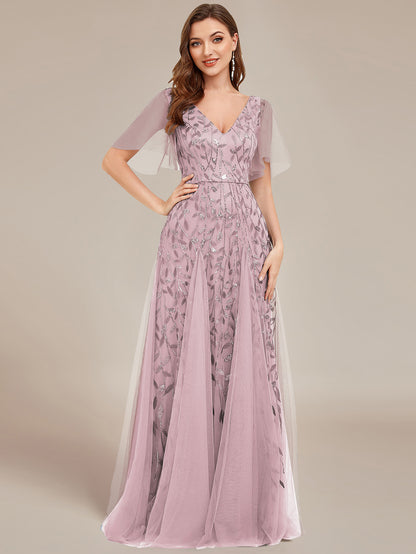 Shimmery V Neck Ruffle Sleeves Sequin Maxi Long Evening Dress Wholesale EE00736