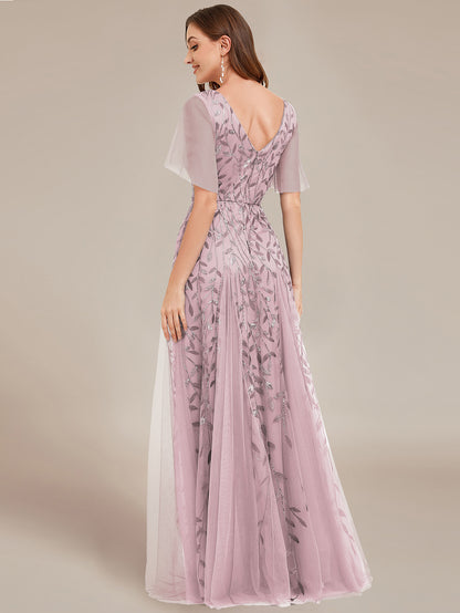 Shimmery V Neck Ruffle Sleeves Sequin Maxi Long Evening Dress Wholesale EE00736