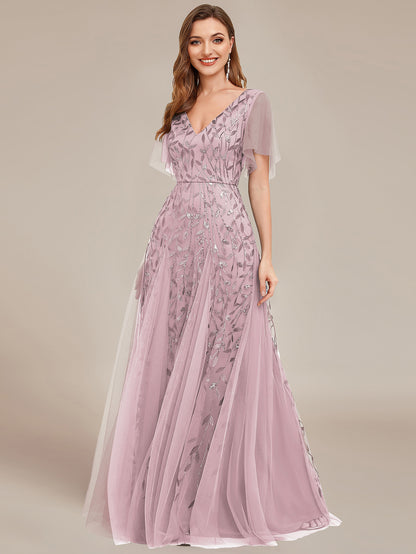 Shimmery V Neck Ruffle Sleeves Sequin Maxi Long Evening Dress Wholesale EE00736