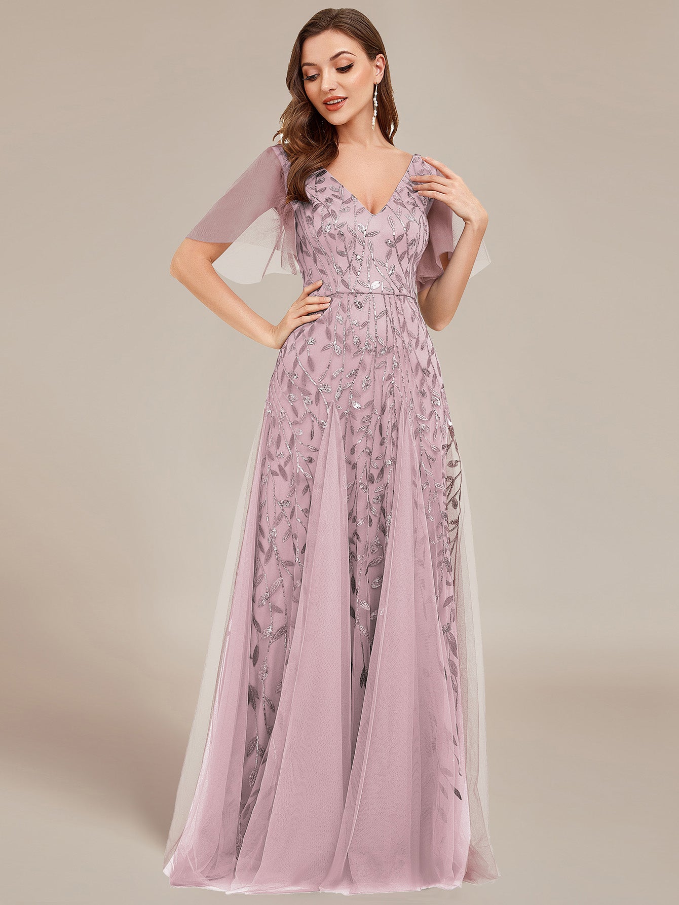 Shimmery V Neck Ruffle Sleeves Sequin Maxi Long Evening Dress Wholesale EE00736