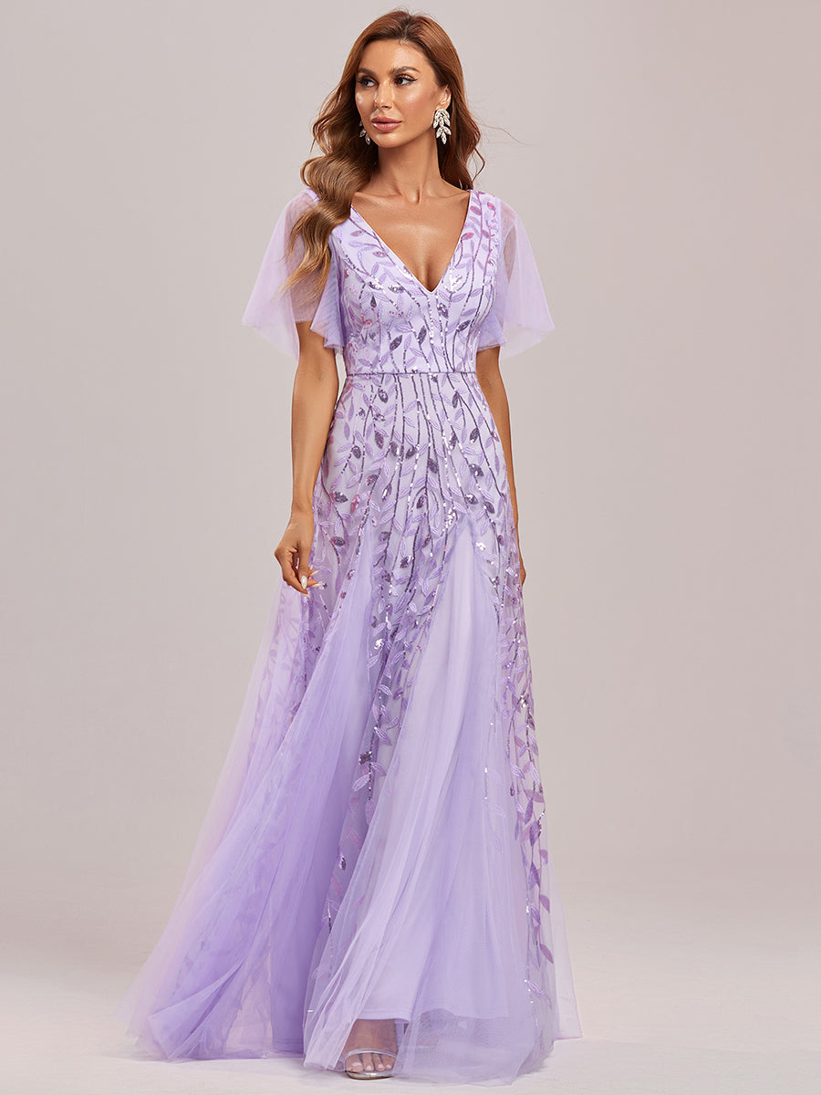 Shimmery V Neck Ruffle Sleeves Sequin Maxi Long Evening Dress Wholesale EE00736