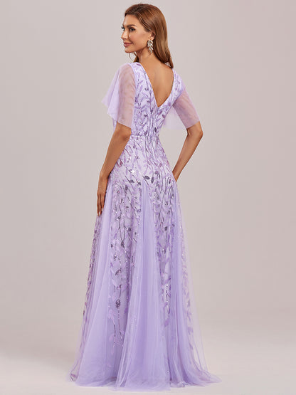 Shimmery V Neck Ruffle Sleeves Sequin Maxi Long Evening Dress Wholesale EE00736