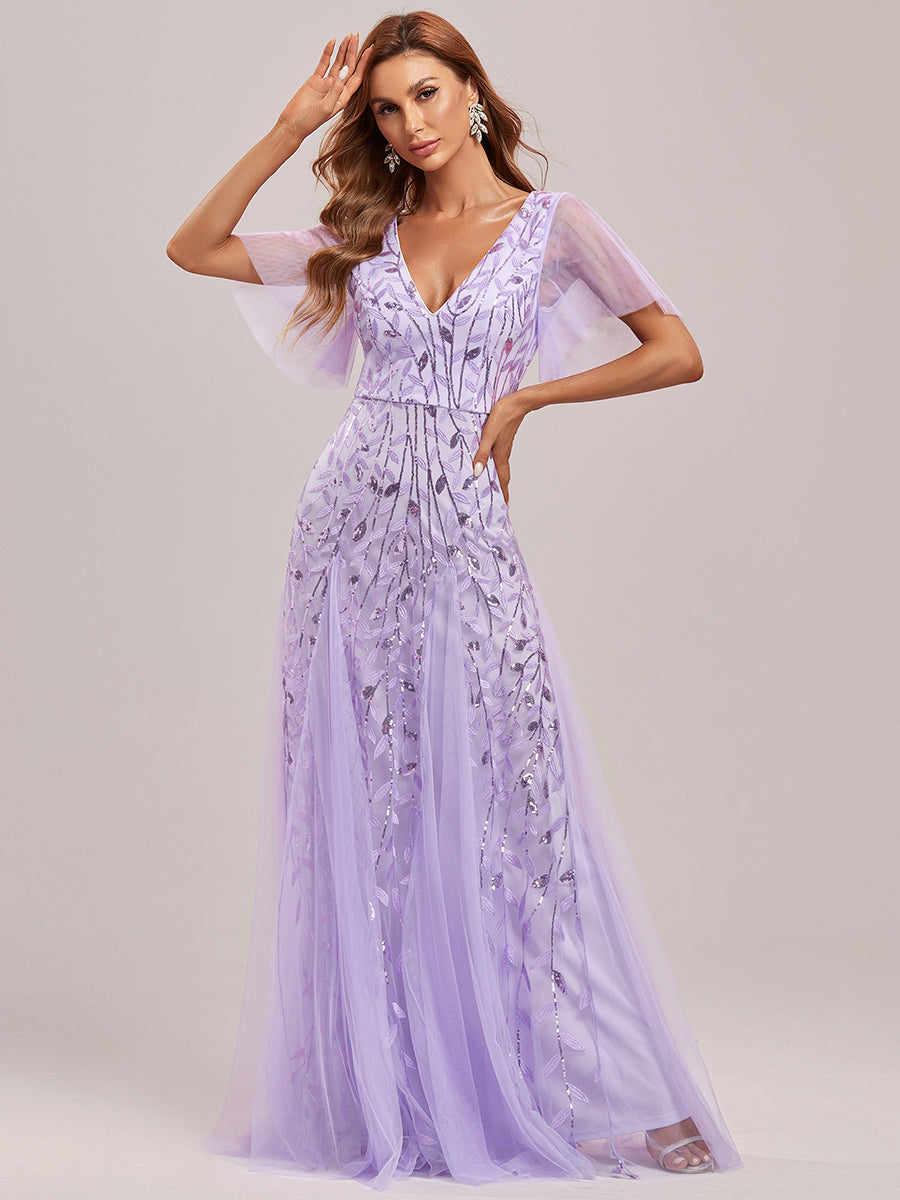 Shimmery V Neck Ruffle Sleeves Sequin Maxi Long Evening Dress Wholesale EE00736