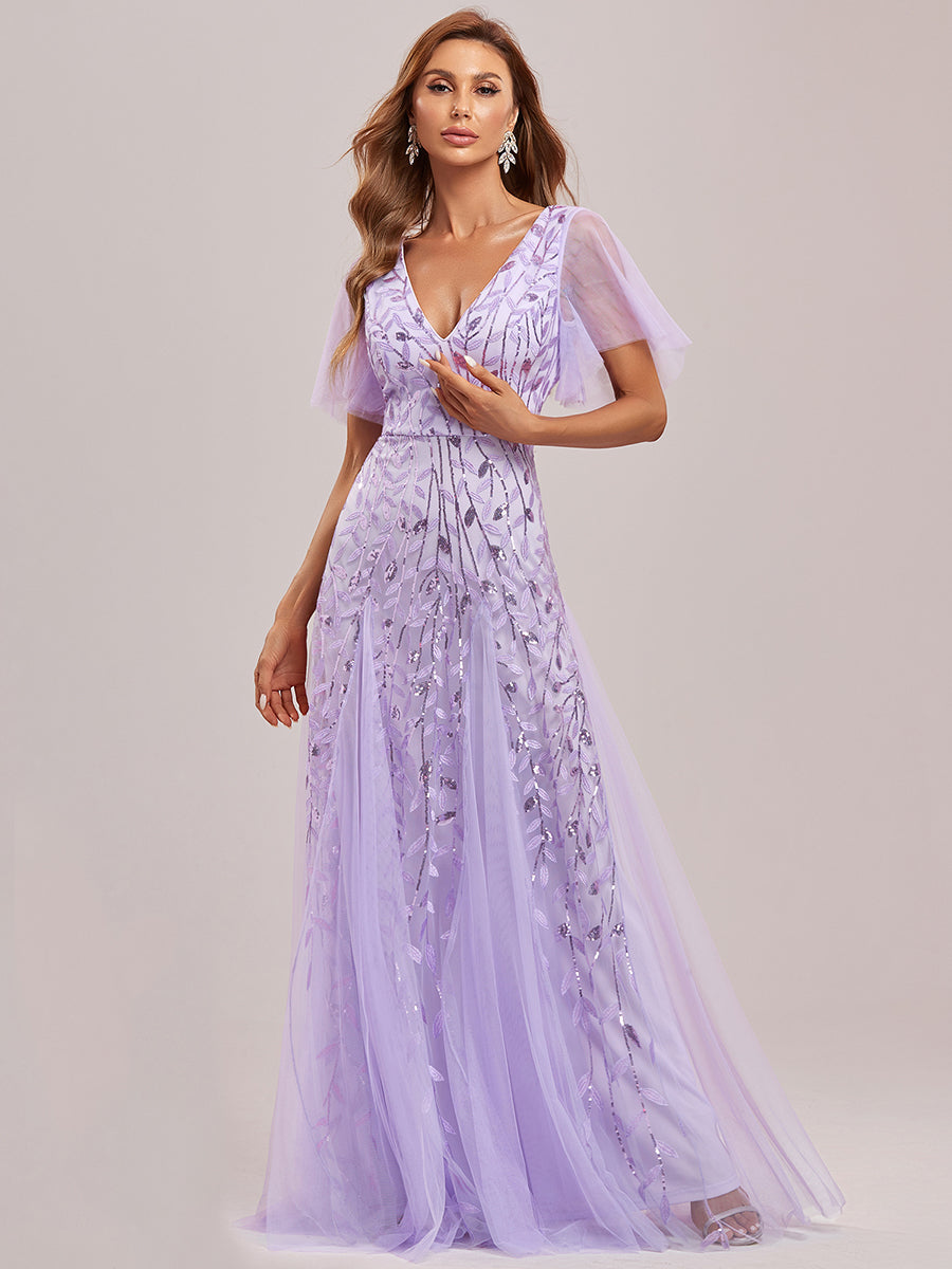 Shimmery V Neck Ruffle Sleeves Sequin Maxi Long Evening Dress Wholesale EE00736