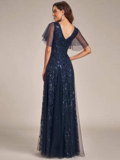 Shimmery V Neck Ruffle Sleeves Sequin Maxi Long Evening Dress Wholesale EE00736