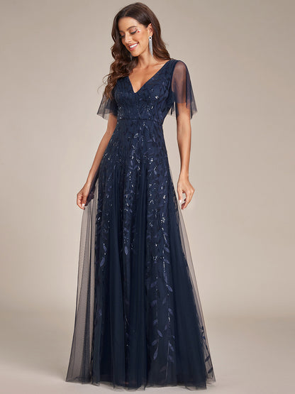 Shimmery V Neck Ruffle Sleeves Sequin Maxi Long Evening Dress Wholesale EE00736