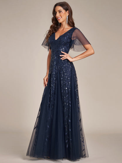 Shimmery V Neck Ruffle Sleeves Sequin Maxi Long Evening Dress Wholesale EE00736