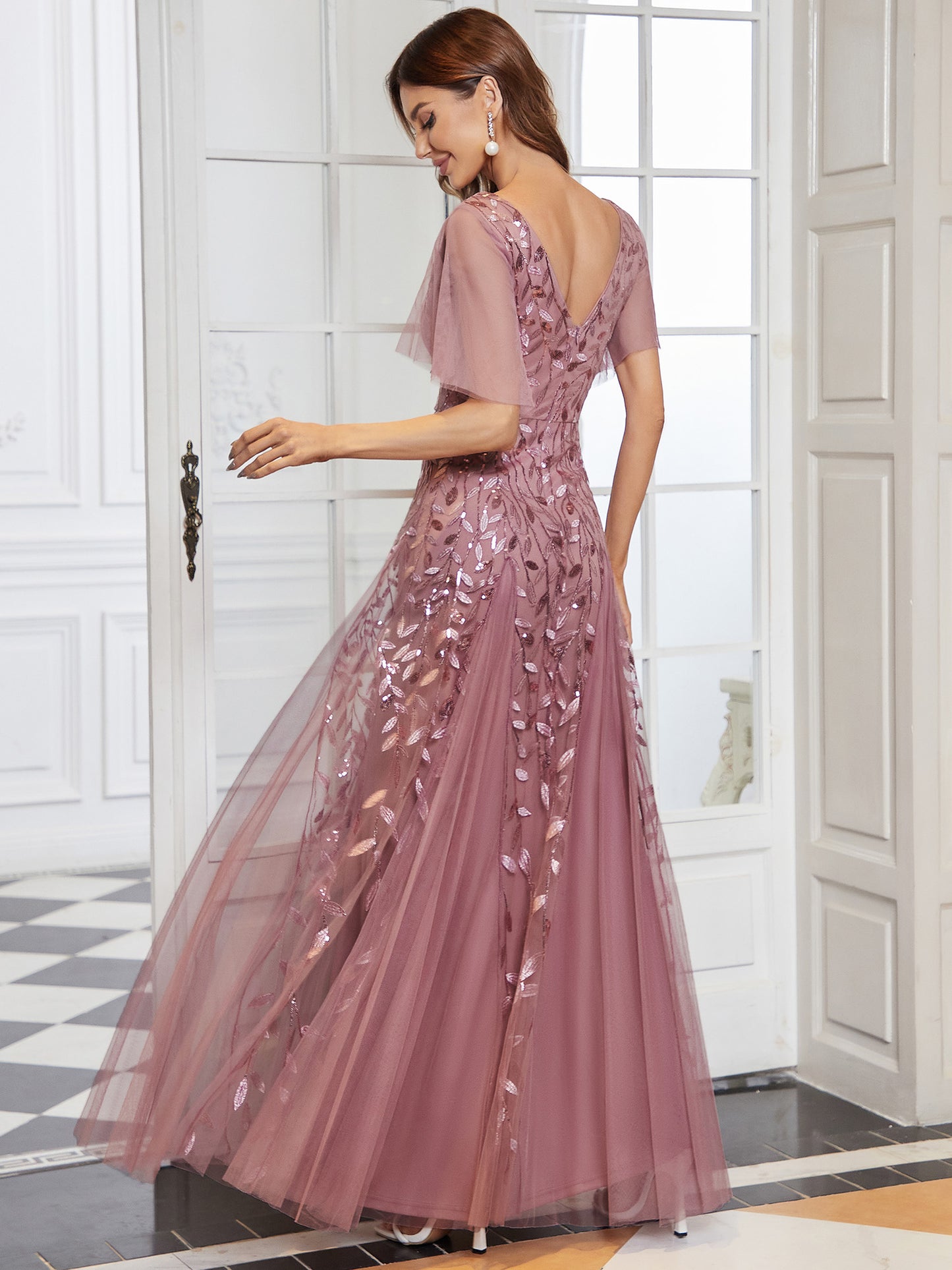 Shimmery V Neck Ruffle Sleeves Sequin Maxi Long Evening Dress Wholesale EE00736