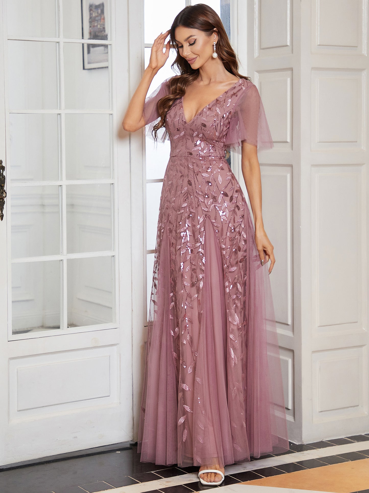 Shimmery V Neck Ruffle Sleeves Sequin Maxi Long Evening Dress Wholesale EE00736