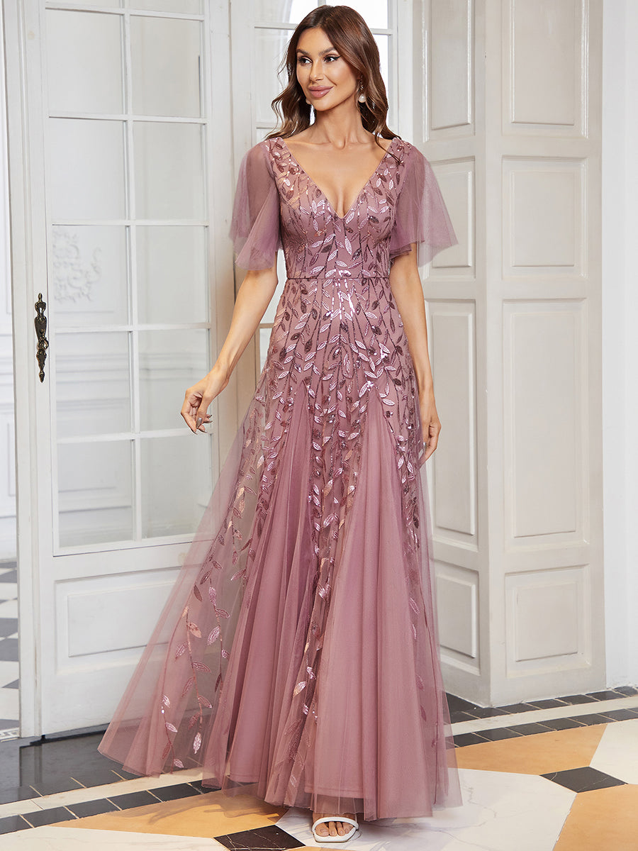 Shimmery V Neck Ruffle Sleeves Sequin Maxi Long Evening Dress Wholesale EE00736