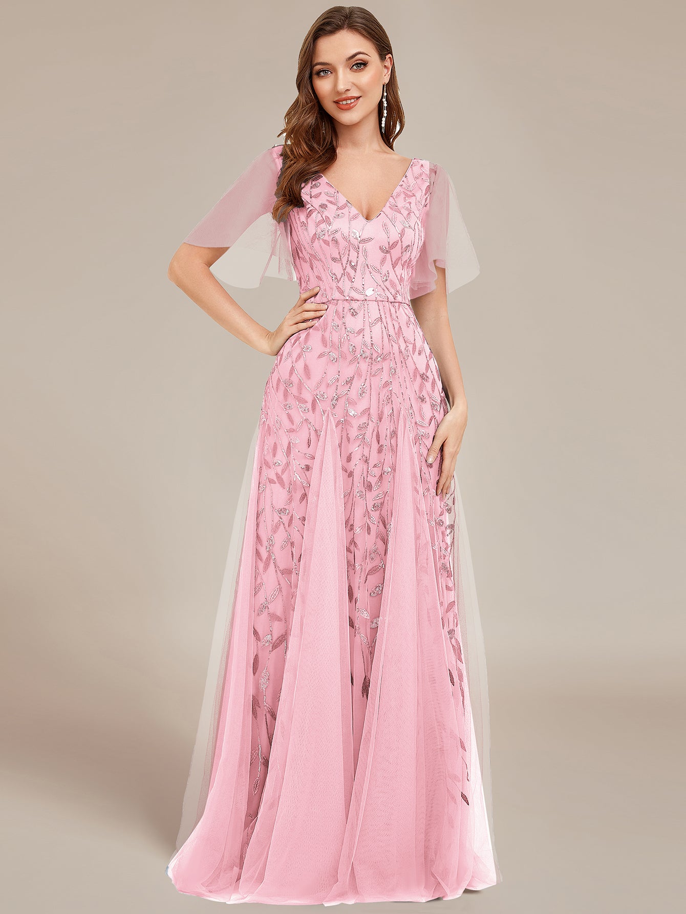 Shimmery V Neck Ruffle Sleeves Sequin Maxi Long Evening Dress Wholesale EE00736