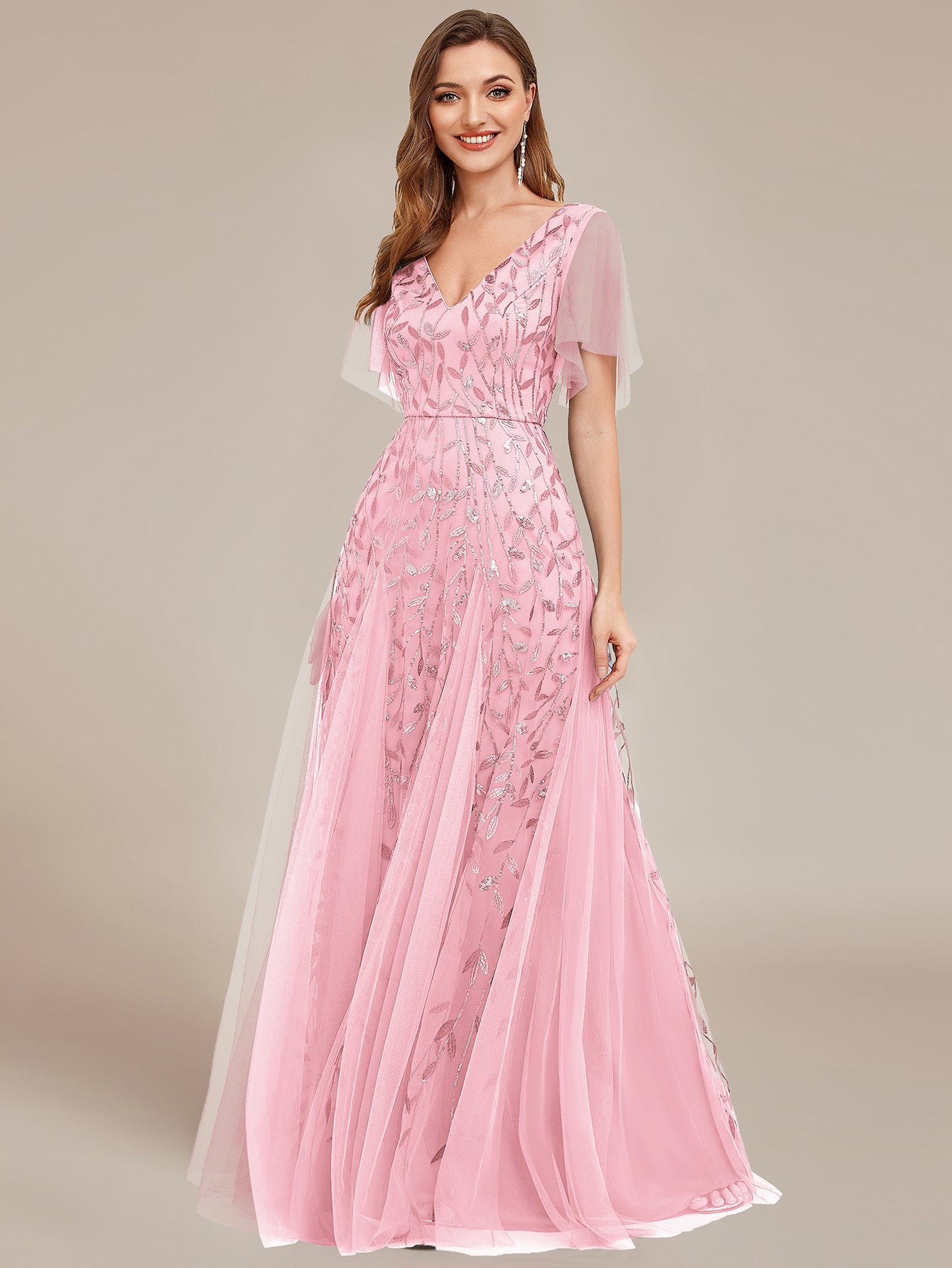 Shimmery V Neck Ruffle Sleeves Sequin Maxi Long Evening Dress Wholesale EE00736