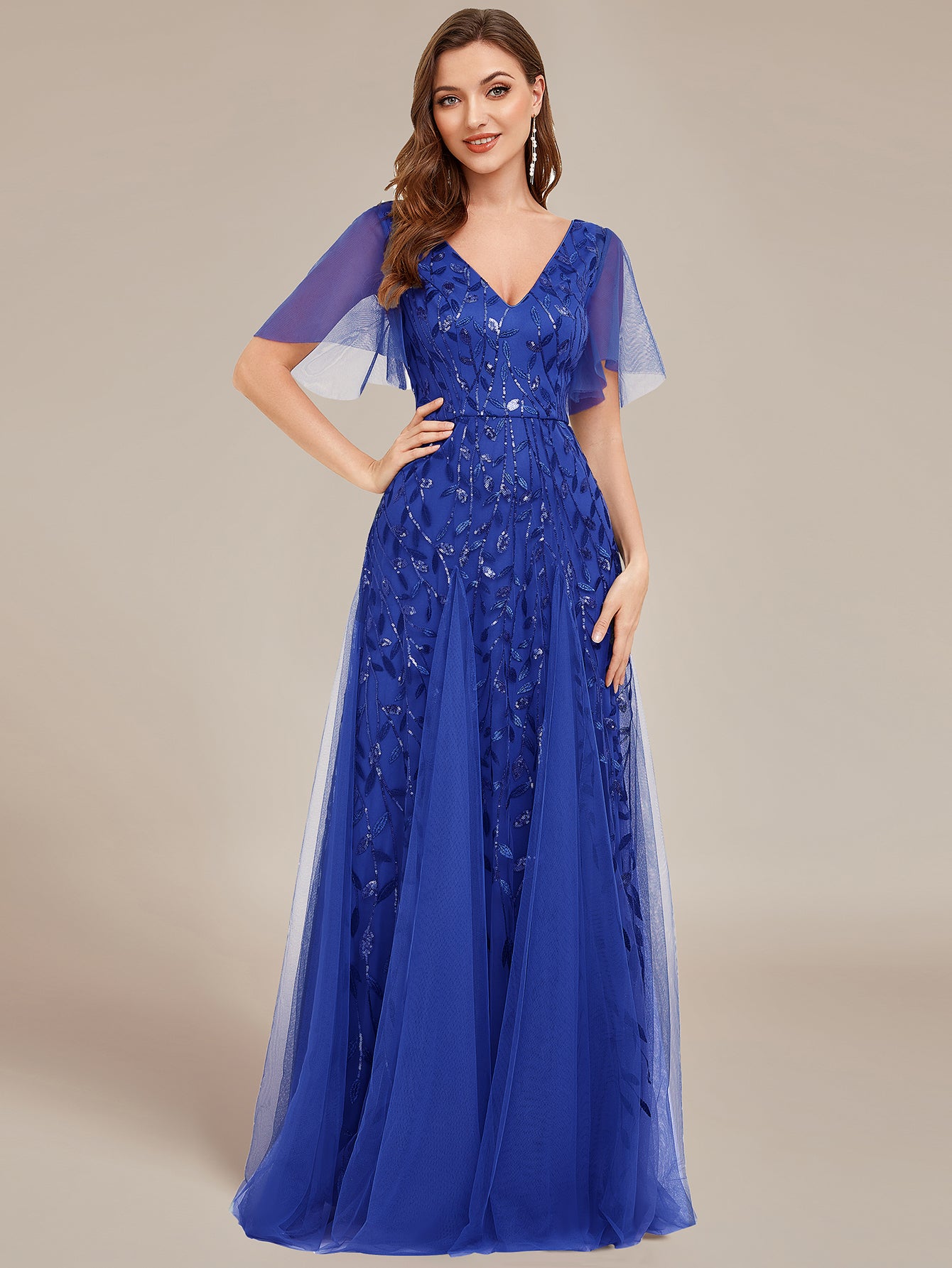 Shimmery V Neck Ruffle Sleeves Sequin Maxi Long Evening Dress Wholesale EE00736