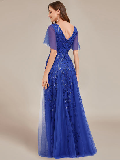 Shimmery V Neck Ruffle Sleeves Sequin Maxi Long Evening Dress Wholesale EE00736