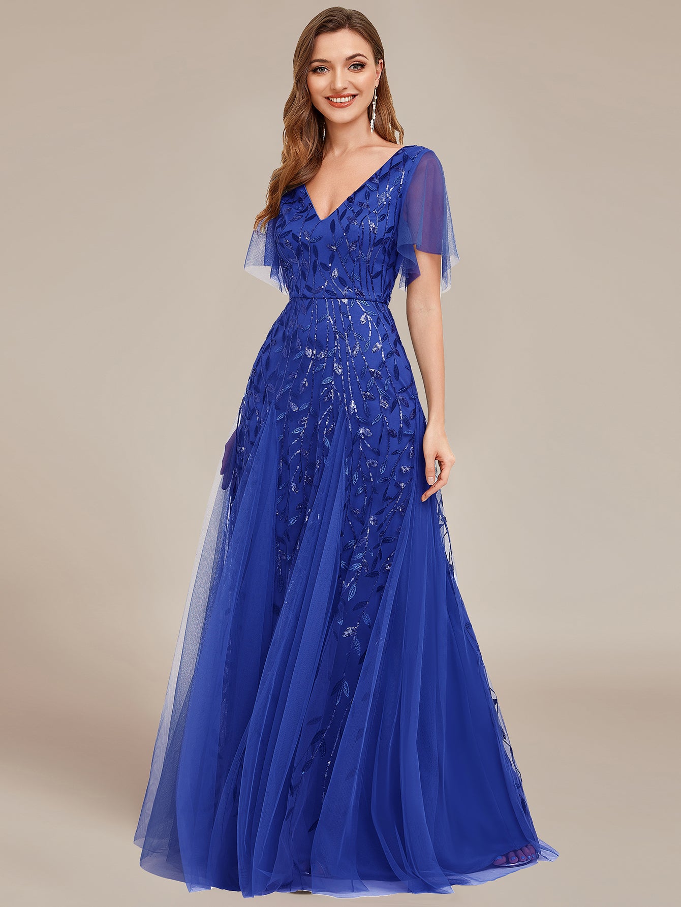 Shimmery V Neck Ruffle Sleeves Sequin Maxi Long Evening Dress Wholesale EE00736