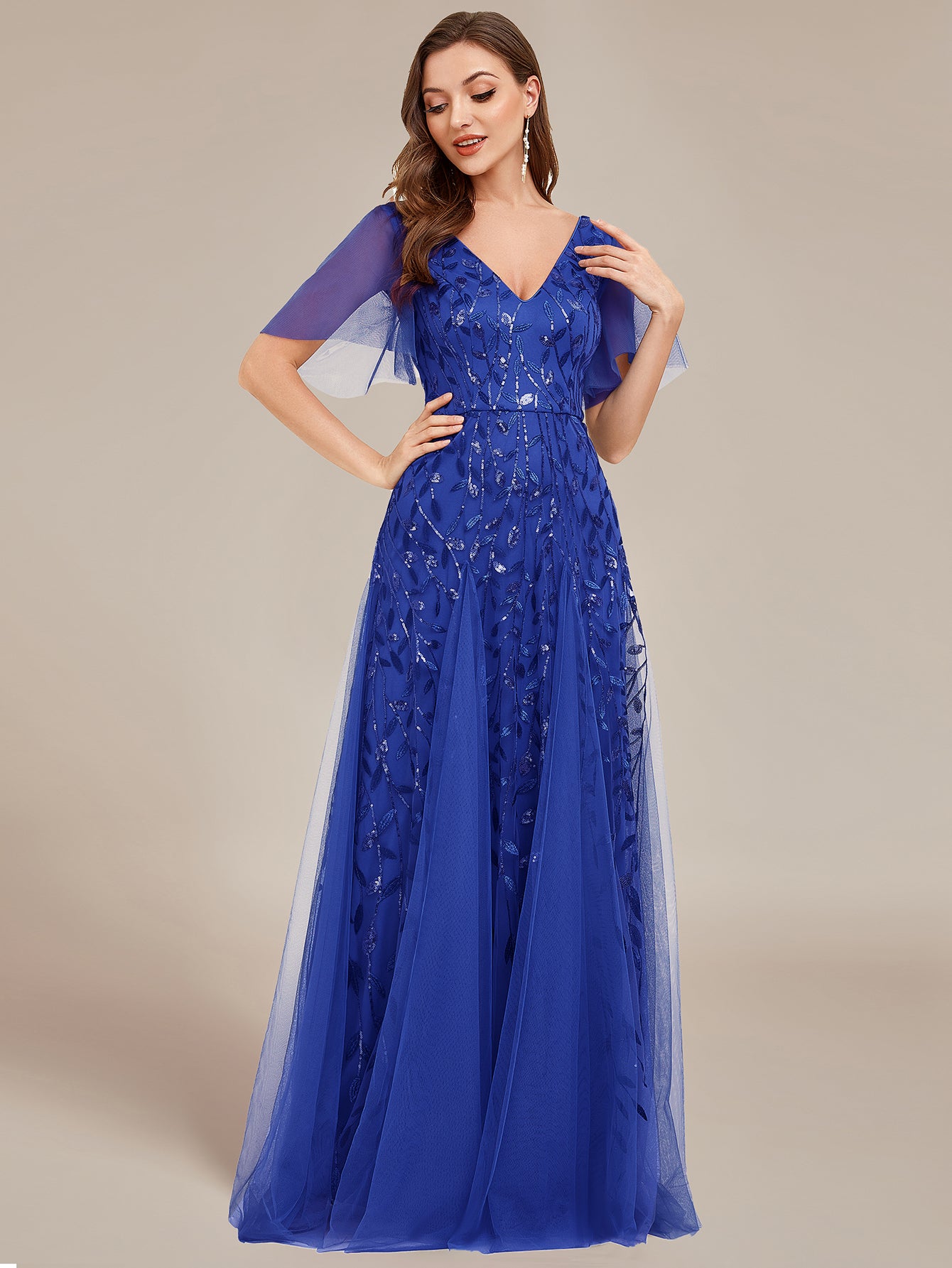 Shimmery V Neck Ruffle Sleeves Sequin Maxi Long Evening Dress Wholesale EE00736