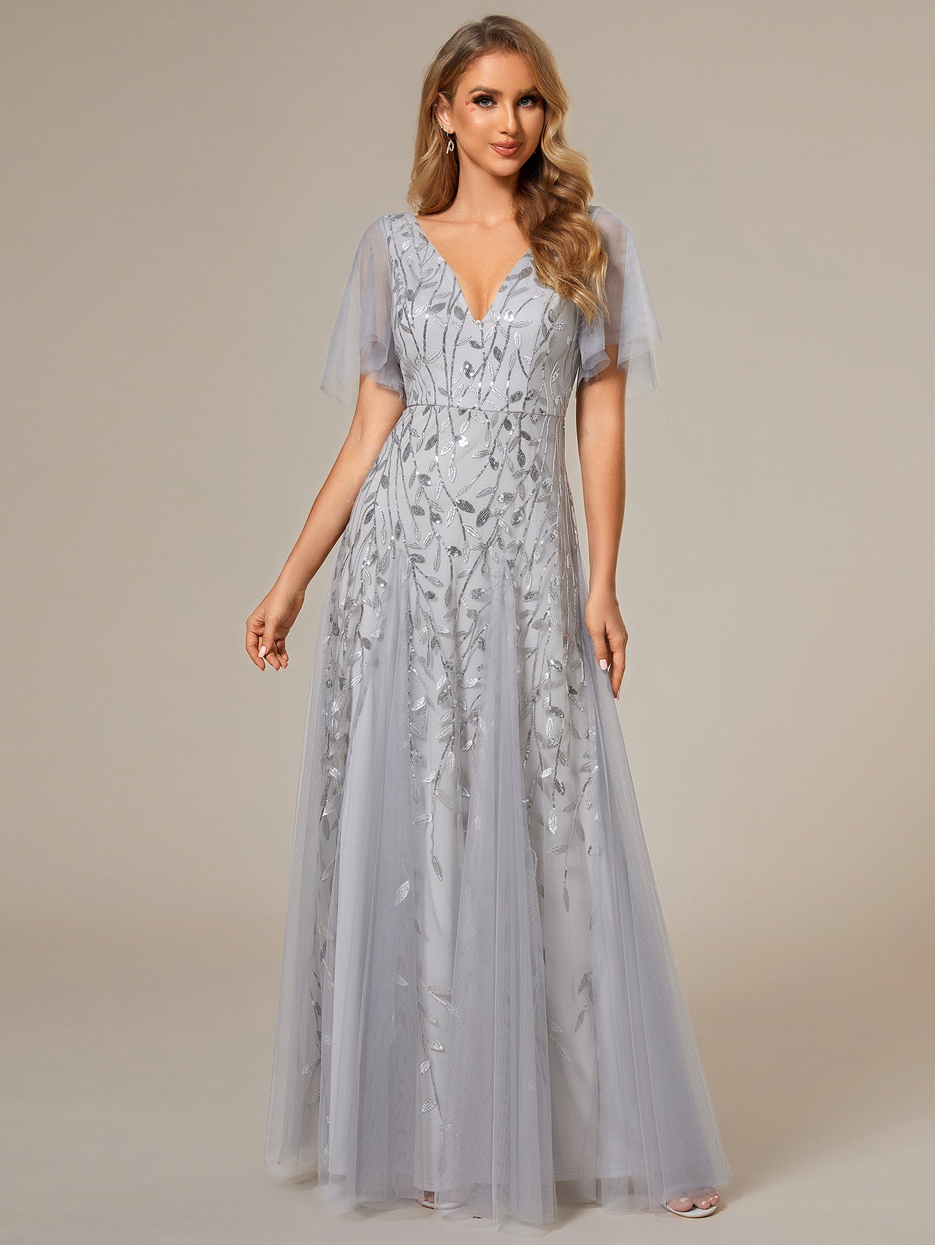 Shimmery V Neck Ruffle Sleeves Sequin Maxi Long Evening Dress Wholesale EE00736